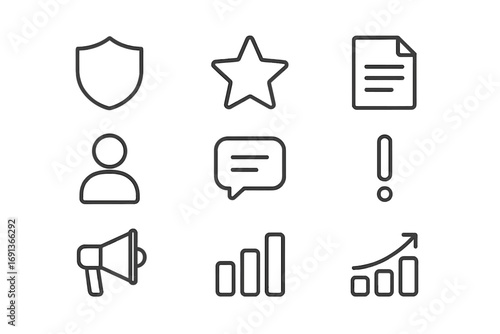 Reputation Icons Grid. Outline icon set of reputation management: shield, star, document, user profile, chat