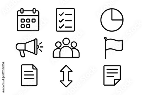Social Campaign Icons. Outline icon set of social campaign planning: calendar, checklist, pie chart, megaphone