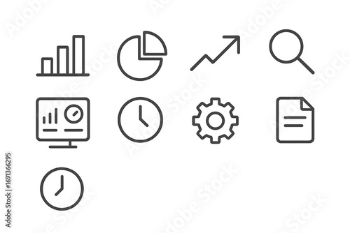 Social Media Icon Set. Outline icon set of social media analytics: bar chart, pie chart, upward arrow,