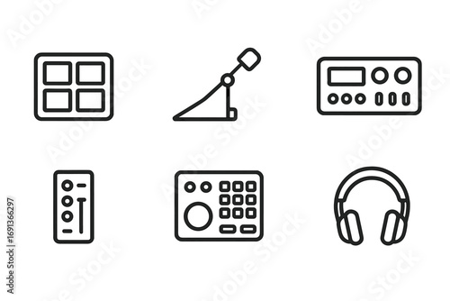 Trigger Equipment Icons. Outline icon set of trigger related equipment: drum pad, foot pedal, trigger cable, sound module, mixer
