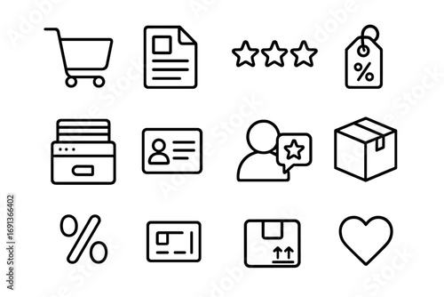 Online Market Icons. Outline icon set of Online marketplaces: shopping cart, product listing, rating stars,