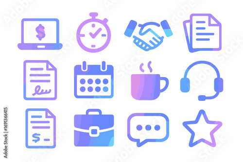 Freelance Icon Set. Gradient icons set of freelancing and gig economy: laptop with dollar, time tracker, handshake, project files,