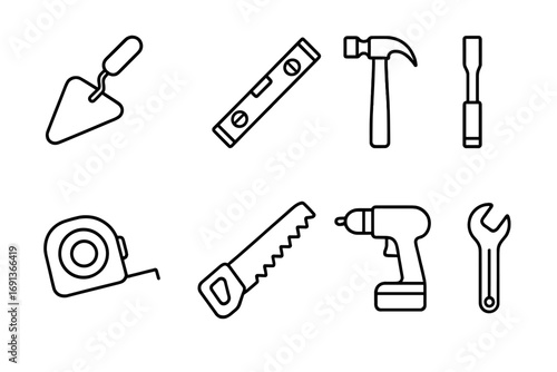 Construction Tools Icons. Outline icon set of construction tools for concrete: trowel, level tool, hammer,