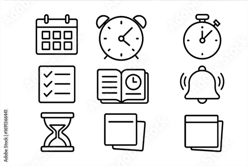 Time Management Icons. Outline icon set of Time management for side hustles: calendar, alarm clock, timer,