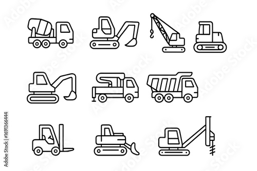 Heavy Machinery Icons. Outline icon set of heavy machinery: cement truck, excavator, crane, bulldozer, pump,
