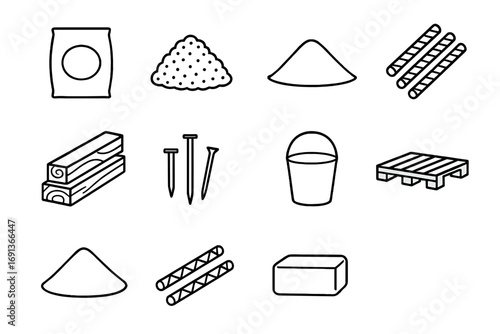 Construction Icons Set. Outline icon set of construction materials: cement bag, gravel pile, sand pile, rebar,