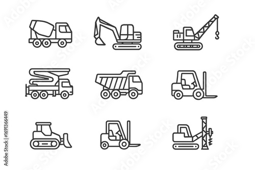 Heavy Machinery Icons. Outline icon set of heavy machinery: cement truck, excavator, crane, bulldozer, pump,