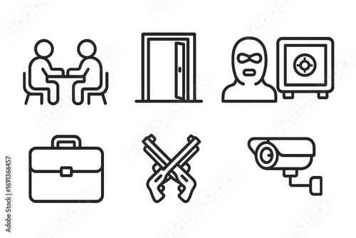 Underground Crime Icons. Outline icon set of underground crime: secret meeting, hidden door, masked figure, safe, briefcase,