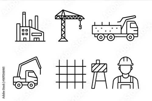 Industrial Construction Icons. Outline icon set of industrial construction sites: factory building, crane,