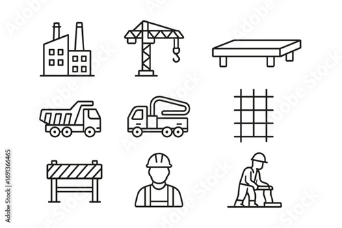 Industrial Construction Icons. Outline icon set of industrial construction sites: factory building, crane,