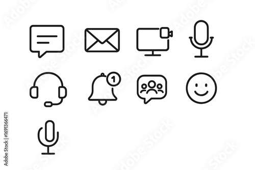 Freelance Communication Icons. Outline icon set of Freelance communication tools: chat bubble, email, video
