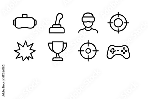 Immersive Gaming Icons. Outline icon set of immersive gaming: VR headset, joystick, avatar, target, explosion,
