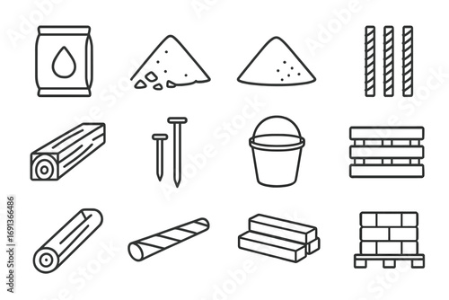 Construction Icons Set. Outline icon set of construction materials: cement bag, gravel pile, sand pile, rebar,