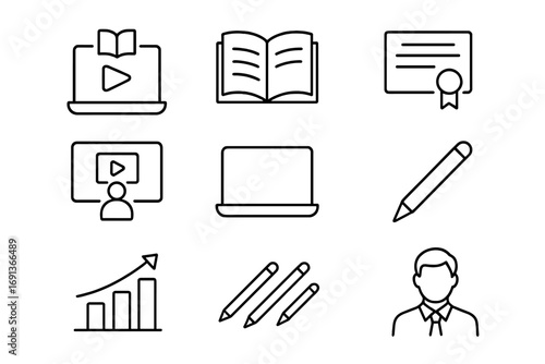 Skill Development Icons. Outline icon set of Skill development and learning: online course, book, certificate,