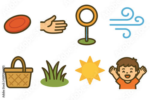 Frisbee Fun. Flat vector mini-illustrations Frisbee throwing contest in colors children's illustrations: frisbee disc,