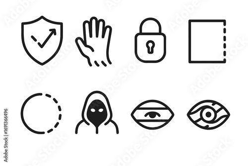 Unseen Elements Icons. Outline icon set of unseen elements: invisible shield, ghost hand, hidden lock, transparent screen, fading