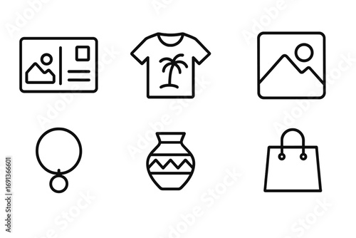 Vacation Souvenir Icons. Outline icon set of vacation souvenirs and shopping: postcard, keychain, t-shirt, magnet, jewelry, local