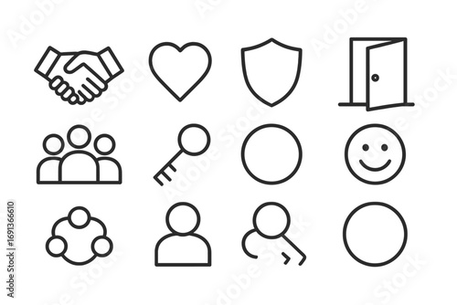 Trust Icon Set. Outline icon set of trust building: handshake, heart, shield, open door, group of people, key,