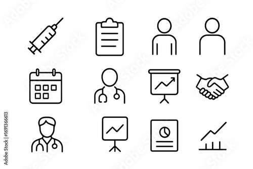Clinical Trial Icons. Outline icon set of clinical trials teamwork: syringe, pill, clipboard, patient figure,