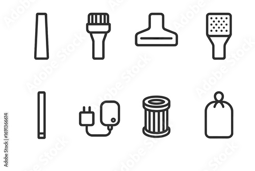Vacuum Cleaner Icons. Outline icon set of vacuum cleaner accessories: crevice tool, dusting brush, upholstery tool, pet hair