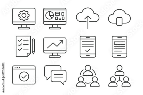 Digital Business Icon Set. Outline icon set of Business process digitalization: software tools, dashboards,