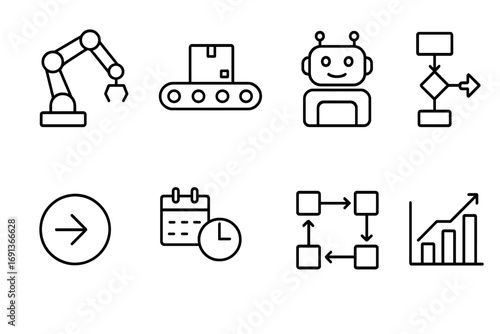 Automation Icon Set. Outline icon set of Process automation solutions: robotic arm, automated conveyor,