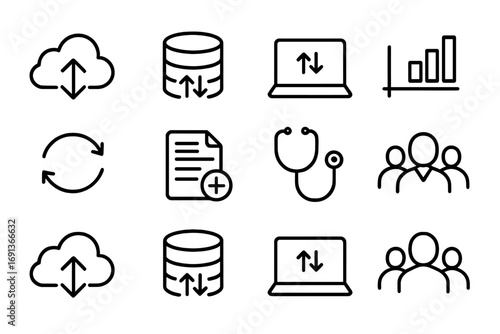 Medical Data Sharing Icons. Outline icon set of data sharing in medicine: cloud, database, laptop, chart,