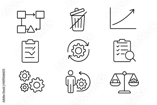 Lean Management Icon Set. Outline icon set of Lean management principles: value stream map, waste reduction,