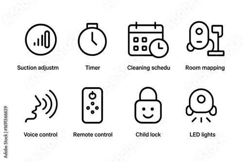Vacuum Cleaner Icon Set. Outline icon set of vacuum cleaner settings: suction adjustment, timer, cleaning schedule, room mapping,