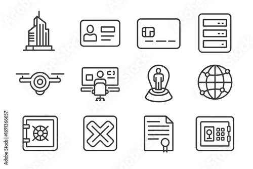 Futuristic Icon Set. Outline icon set of futuristic megacorporations: corporate tower, digital ID card, credit chip, data server,