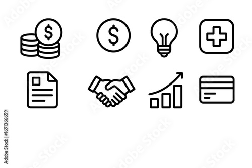 Funding Icon Set. Outline icon set of funding and grants in research: coin stack, dollar sign, light bulb,