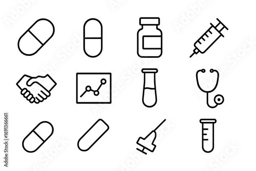Pharmaceutical Icon Set. Outline icon set of pharmaceutical collaboration: pill, capsule, bottle, syringe,