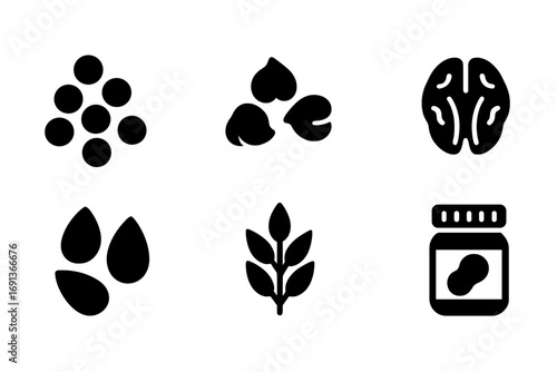 Vegan Protein Icons. Solid, filled icon set of vegan proteins: lentils, chickpeas, black beans, walnuts, pumpkin seeds, sunflower