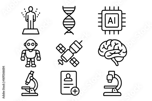 Future Medical Icons. Outline icon set of future medical research: hologram, DNA strand, AI chip, robot,