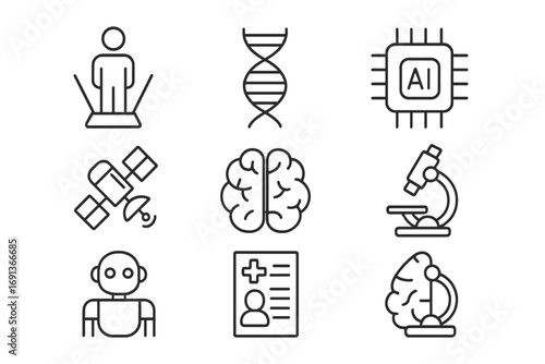 Future Medical Icons. Outline icon set of future medical research: hologram, DNA strand, AI chip, robot,