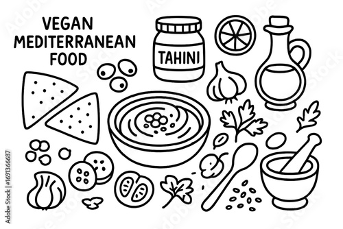 Vegan Mediterranean Essentials. Hand-drawn doodle illustration Vegan Mediterranean food hummus bowl, pita bread, olives, chickpeas