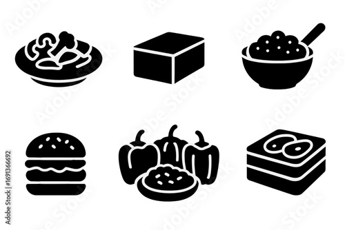 Vegetarian Dish Icons. Solid, filled icon set of vegetarian main dishes: vegetable stir-fry, tofu block, quinoa bowl, lentil curry