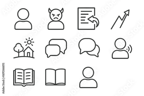 Storytelling Icons Grid. Outline icon set of Storytelling elements: protagonist, antagonist, plot twist,