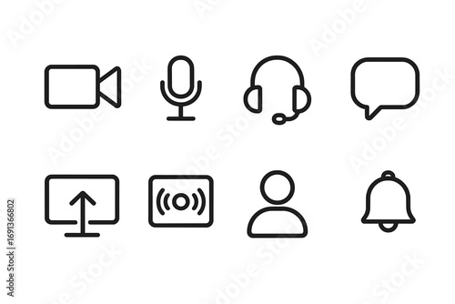 Virtual Presence Icons. Outline icon set of virtual presence: video call, microphone, headset, chat bubble, screen sharing, live