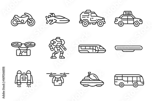 Futuristic Technology Icons. Outline icon set of digital worlds and VR: VR headset, neural link chair, holo-glove, AR glasses,
