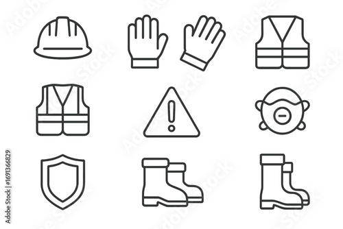 Stonework Safety Icons. Outline icon set of safety in stonework: helmet, gloves, goggles, vest, warning sign,