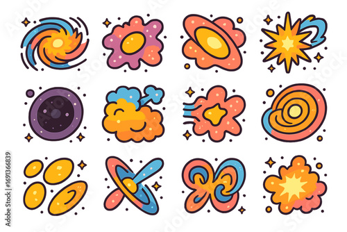 Galactic Icon Collection. Colorful isometric vector icons set of galaxies shaped by supernovae: spiral galaxy arm with shockwave,