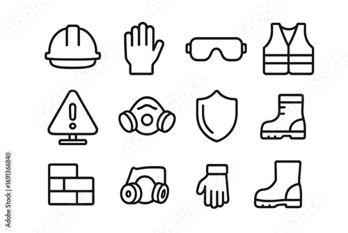 Stonework Safety Icons. Outline icon set of safety in stonework: helmet, gloves, goggles, vest, warning sign,