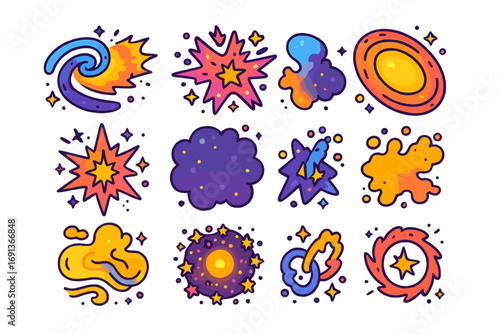 Galactic Icon Collection. Colorful isometric vector icons set of galaxies shaped by supernovae: spiral galaxy arm with shockwave,