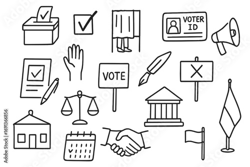 Voting Process Icons. Hand-drawn doodle illustration democratic voting process ballot box, checkmark, voting booth, voter ID card,