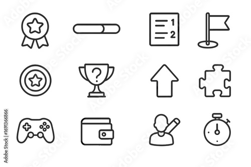 Gamified Learning Icons. Outline icon set of Gamified learning elements: achievement badge, progress bar, leaderboard, challenge