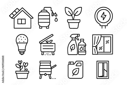Eco Home Icons. Outline icon set of Eco-friendly home: solar roof, rainwater tank, indoor plants, energy meter