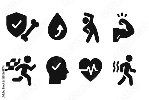 Warm-Up Benefits Icons. Solid, filled icon set of warm-up benefits: injury prevention, increased blood flow, improved flexibility,