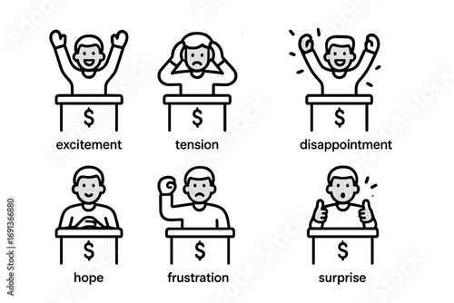 Wager Emotion Icons. Outline icon set of wager emotions: excitement, tension, celebration, disappointment, hope, frustration,