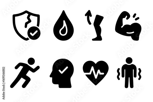 Warm-Up Benefits Icons. Solid, filled icon set of warm-up benefits: injury prevention, increased blood flow, improved flexibility,